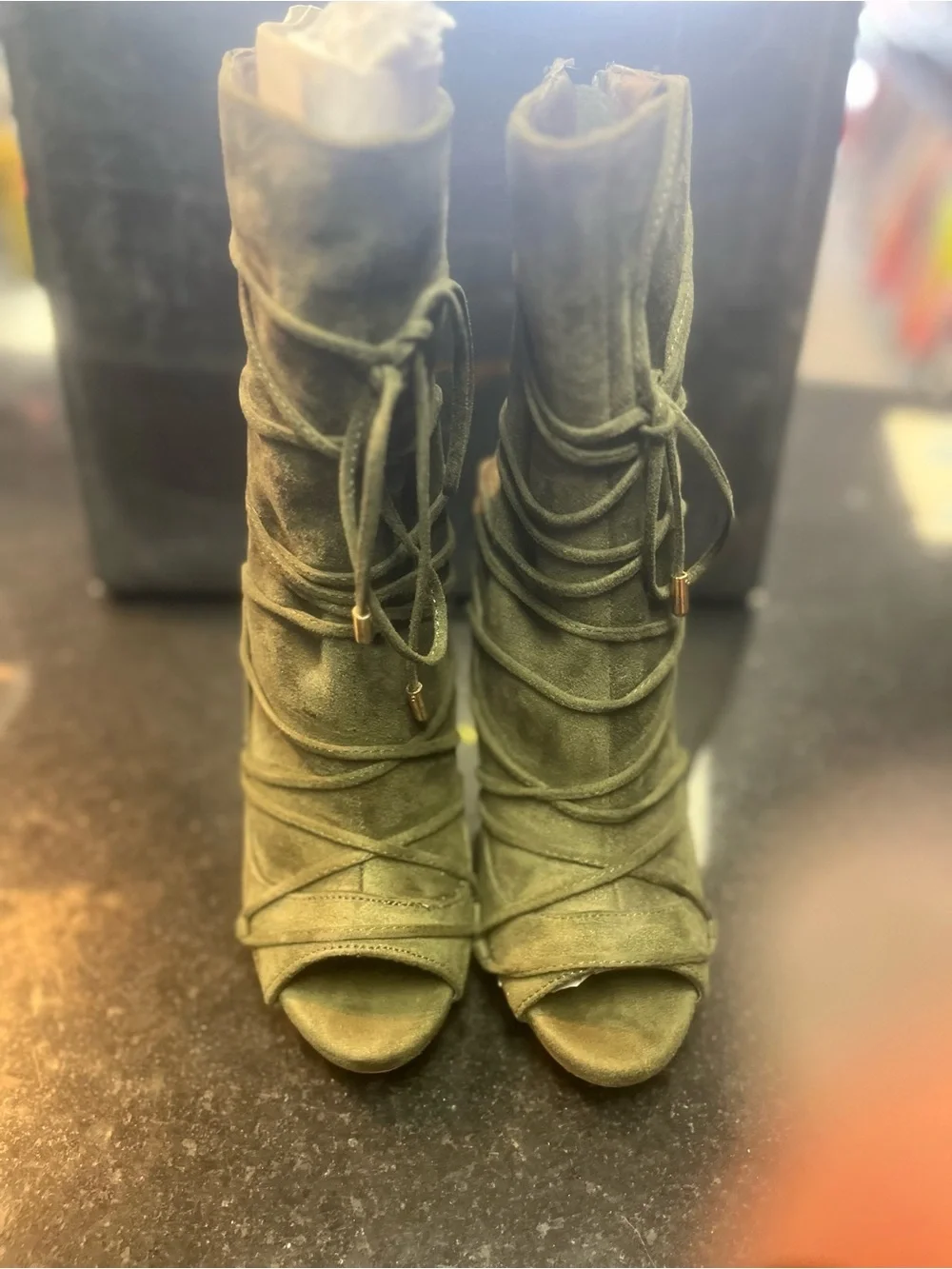 Sz 7 Olive Green Lace-Up Peep Toe High Heel Boots